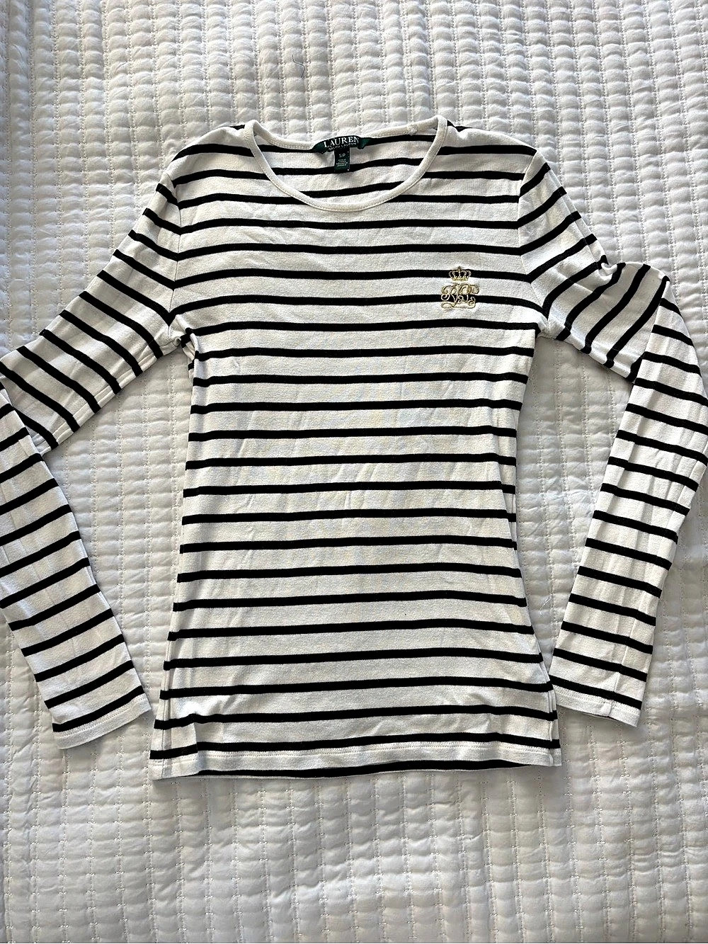 Lauren Ralph Lauren Striped Cotton Long-Sleeve Tee with Crown Logo White & Black